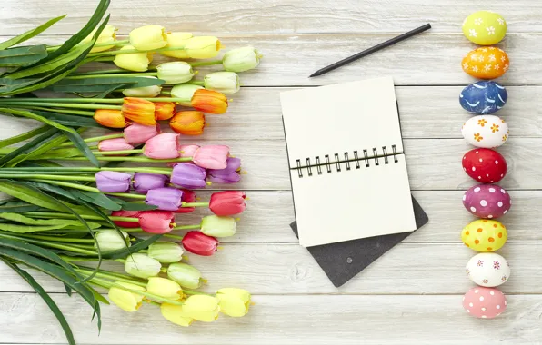 Цветы, яйца, весна, colorful, Пасха, тюльпаны, wood, flowers