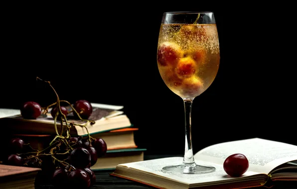 Стекло, ягоды, стол, вино, бокал, книги, виноград, книга