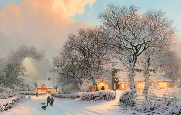Картинка закат, Зима, деревня