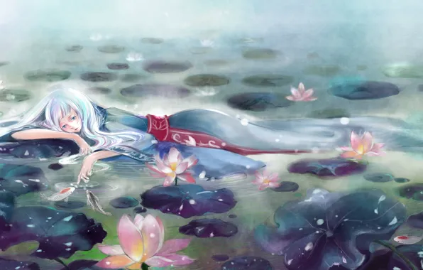 Картинка девушка, цветы, туман, озеро, аниме, арт, кувшинки, vira