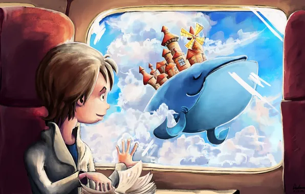 Облака, фантазия, мальчик, окно, арт, кит, мельница, книга