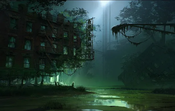 Картинка свет, ночь, город, болото, Crysis 3