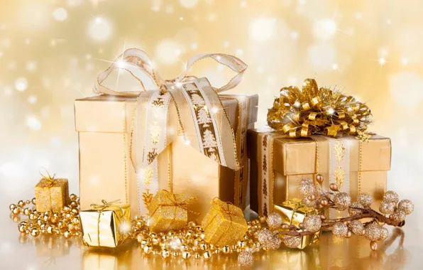 Ленты, праздник, подарки, Новый год, золотистый, коробки, New Year, банты