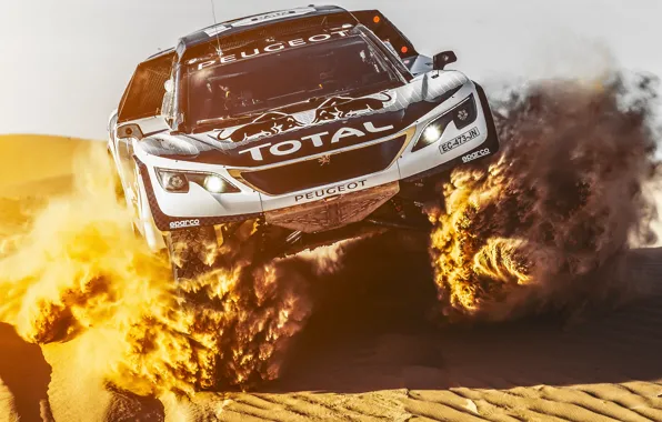 Песок, Спорт, Скорость, Гонка, Peugeot, Фары, Red Bull, Rally