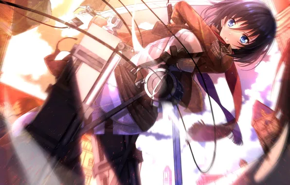 Атака, сражение, клинки, военная форма, shingeki no kyojin, mikasa ackerman, вторжение титанов