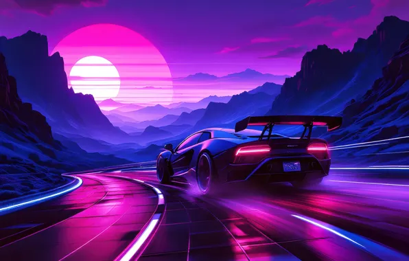 Supercar, sunset, retro, chasing