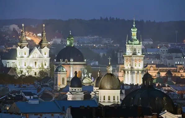 Дома, вечер, Украина, монастырь, Львов, колокольня, вид на город, Успенская церковь