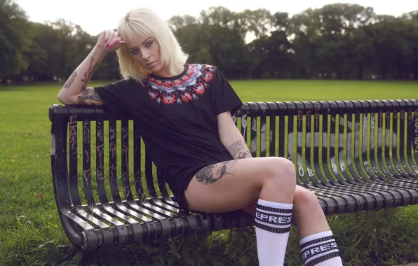 Girl, grass, trees, woman, model, tattoo, bench, blonde