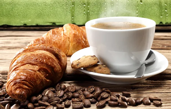 Картинка кофе, печенье, кофейные зерна, coffee, круассаны, biscuits, coffee beans, croissants