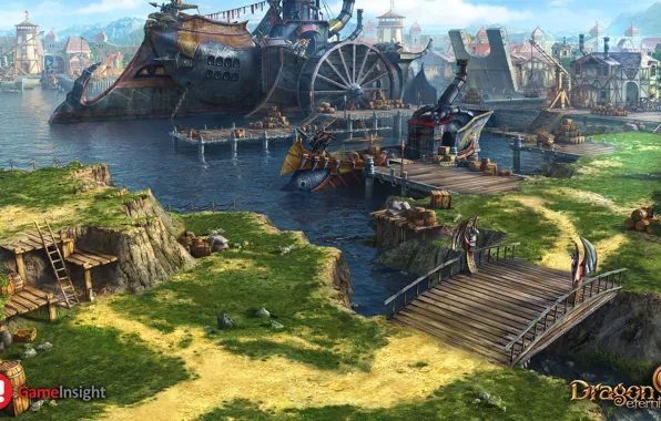 Мост, город, берег, корабль, dragon eternity, sadarcapital port