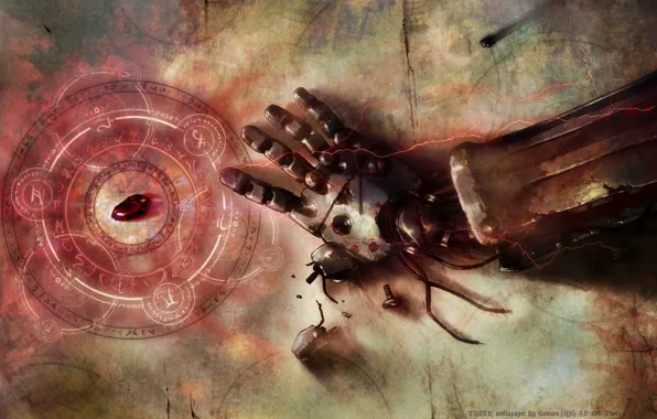 Fullmetal alchemist, stone, anime, art, hand, broken, rust, transmutational circle