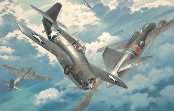 Картинка war, art, painting, ww2, Mitsubishi G4M, Grumman F4F Wildcat