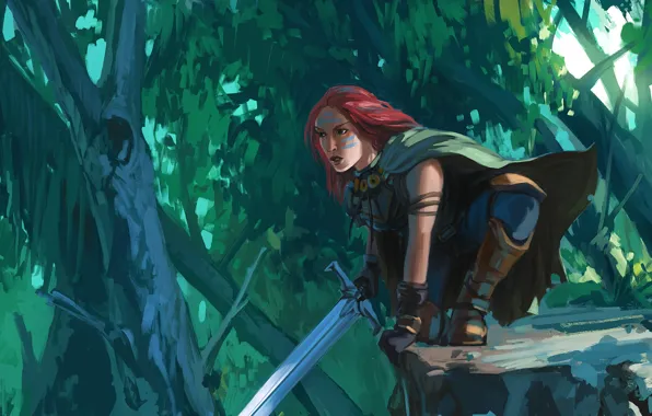 Картинка лес, взгляд, девушка, меч, арт, рыжая, Forest Ranger