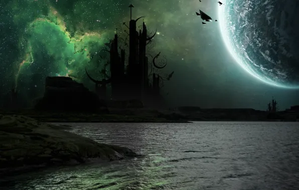 Картинка море, небо, звезды, океан, луна