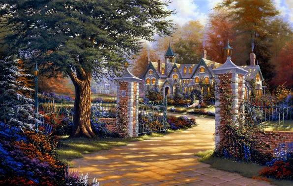 Картинка цветы, дом, дерево, забор, ворота, арт, Derk Hansen