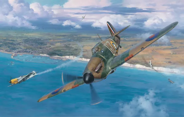 War, aviation, Hawker Hurricane, ww2, battle of britain, painting art, Junkers Ju 87, Messerschmitt Bf …