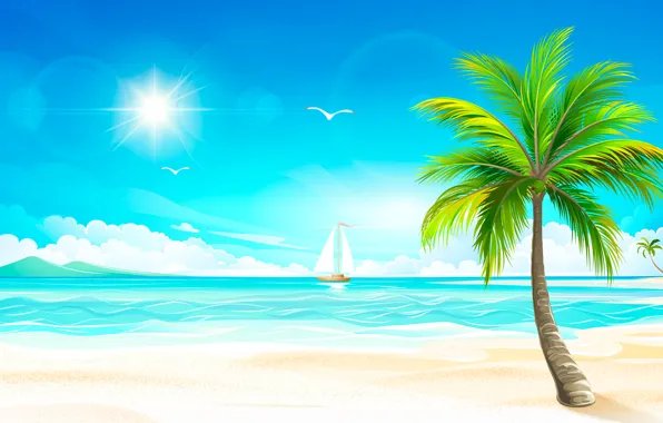 Картинка море, солнце, тропики, пальма, парусник