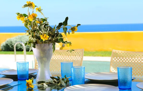 Цветы, ваза, столик, Greece, Villa Almira, Rethymno