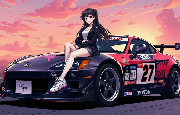Girl, Honda, Car, Clouds, Anime, Road, Livery, Anime Girl