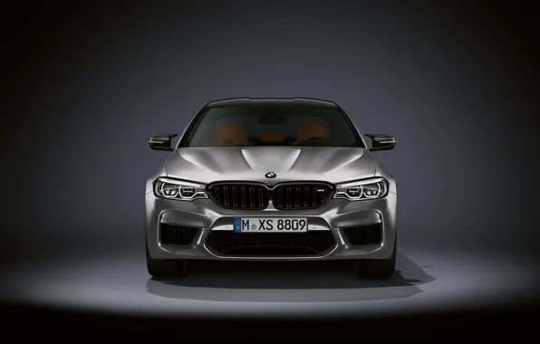 Картинка серый, фон, BMW, седан, вид спереди, тёмный, 4x4, 2018, 625 л.с., четырёхдверный, M5, V8, F90, …