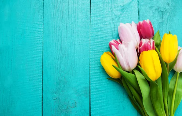 Colorful, тюльпаны, розовые, yellow, wood, pink, flowers, tulips