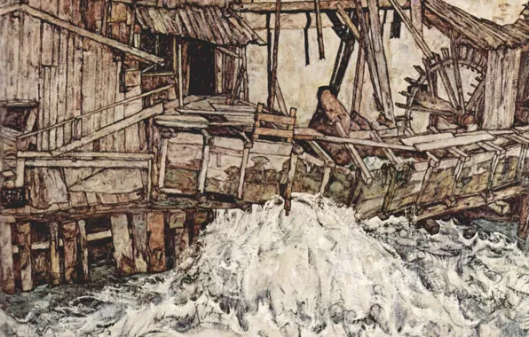 Картинка вода, Egon Schiele, Старая мельница, прорвало