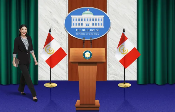 Woman, flag, government, spokeswoman, republic of goodfon, the blue house, briefing room