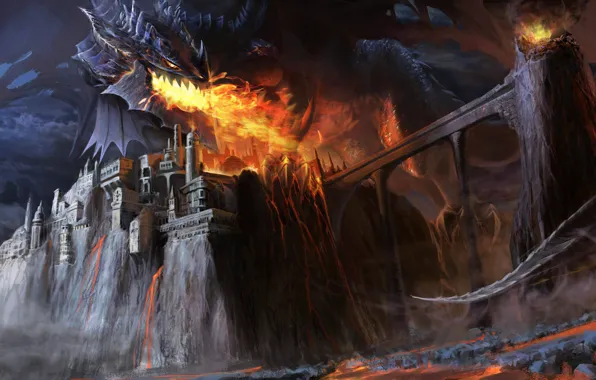 Картинка мост, замок, огонь, дракон, арт, гигантский, Chengyong Wang