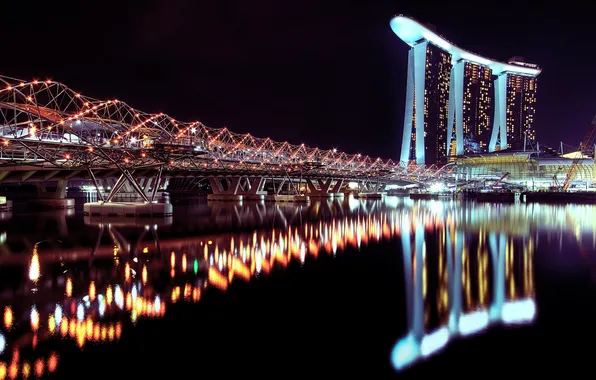 Вода, ночь, город, огни, отражение, отель, сингапур