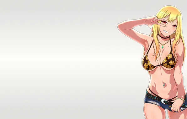 Cleavage, red eyes, blonde, big boobs, belly, smiling, thighs, belly button