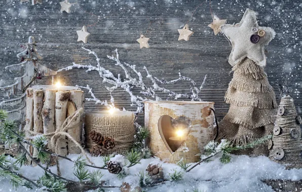 Картинка снег, украшения, свечи, Новый Год, Рождество, Christmas, vintage, New Year