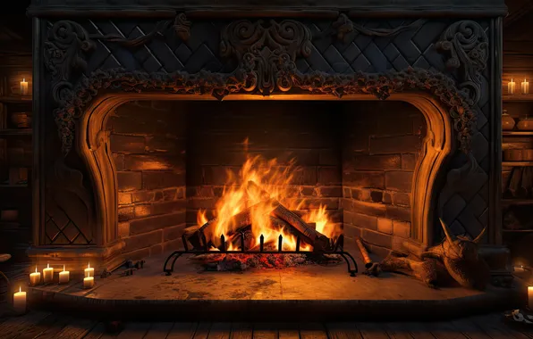 Уют, комната, огонь, вечер, камин, winter, fireplace, cozy