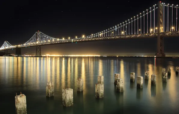 Картинка небо, звезды, ночь, мост, огни, отражение, Калифорния, Сан-Франциско