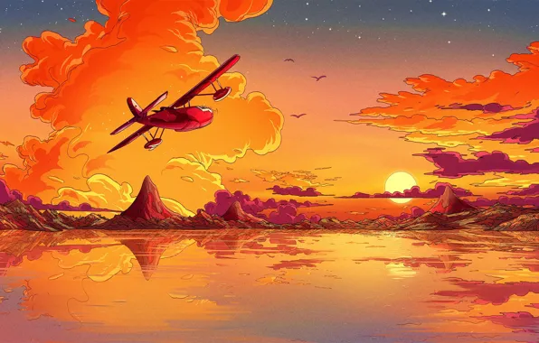 Sky, sunset, art, mountains, clouds, lake, stars, birds