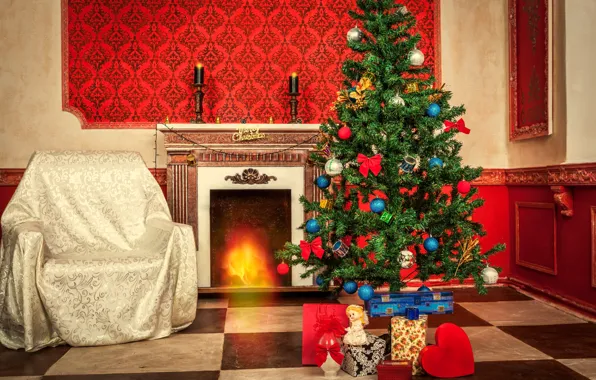Интерьер, кресло, Рождество, подарки, Новый год, ёлка, камин