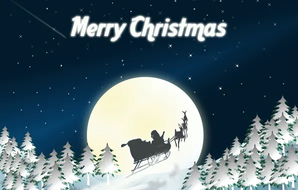 Небо, праздник, луна, графика, рождество, звёзды, christmas, санта клаус