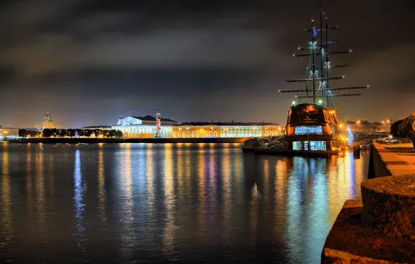 HDR, Ночь, Корабль, Стрелка, Санкт-Петербург, Нева