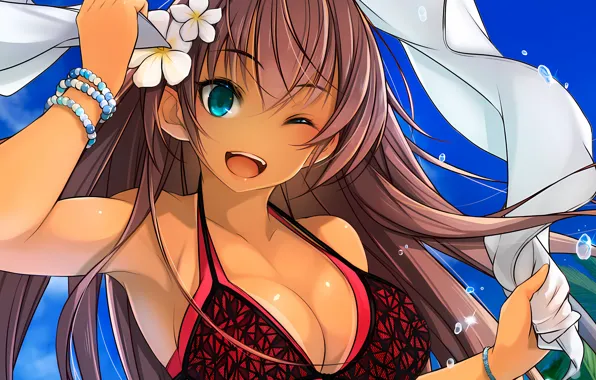 Girl, sexy, cleavage, sky, long hair, brown hair, boobs, anime