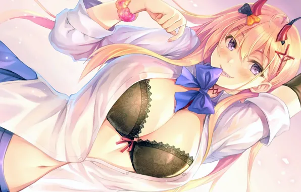 Girl, sexy, lingerie, bra, cleavage, horns, long hair, boobs