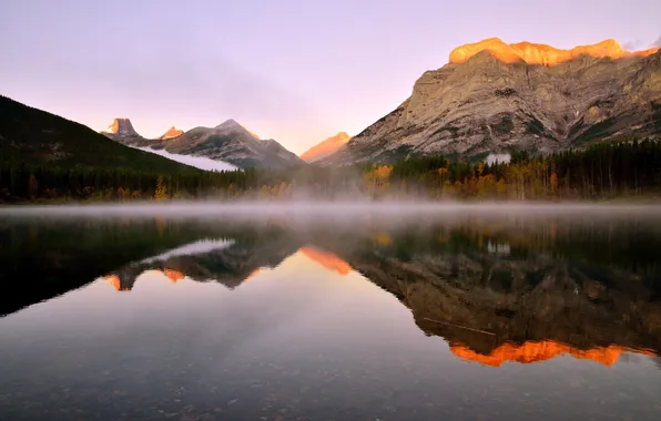 Картинка пейзаж, озеро, утро, Канада, горы. дымка