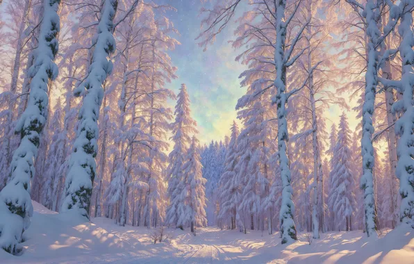 Fantasy, forest, road, landscape, nature, art, winter, snow