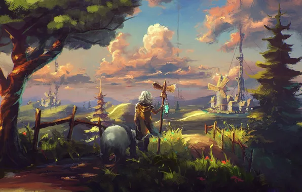 Картинка небо, облака, пейзаж, дерево, мальчик, арт, панда, мельница