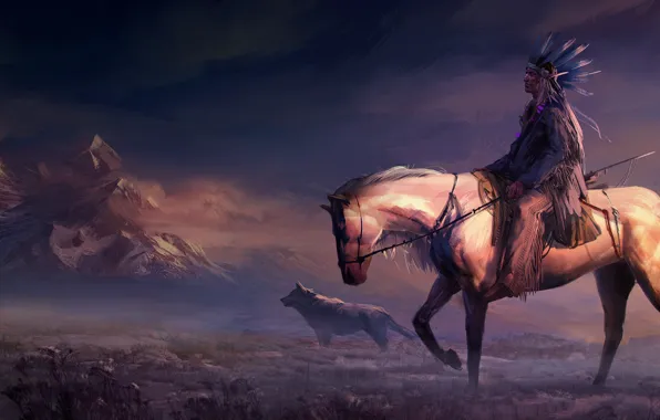 Field, animals, art, mountains, rider, horse, digital art, artwork