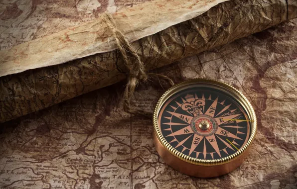 Картинка ретро, обои, карта, компас, бечевка