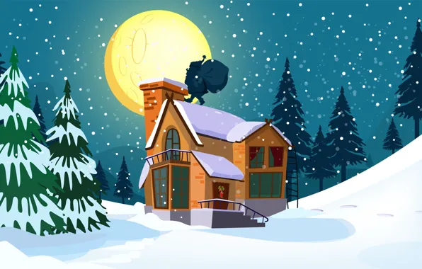 Картинка Ночь, Снег, Рождество, Труба, Новый год, Крыша, Праздник, Санта-Клаус