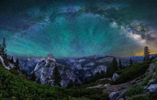 Небо, звезды, горы, ночь, свечение, Калифорния, США, Йосемити