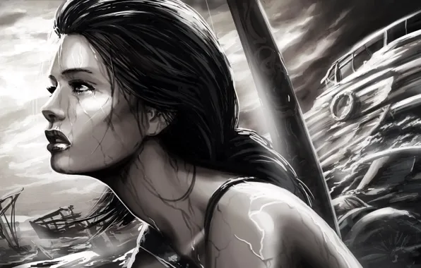 Море, девушка, дождь, игра, черно-белая, корабли, Tomb Raider, лара крофт