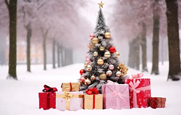 Картинка зима, снег, украшения, шары, елка, Новый Год, Рождество, подарки