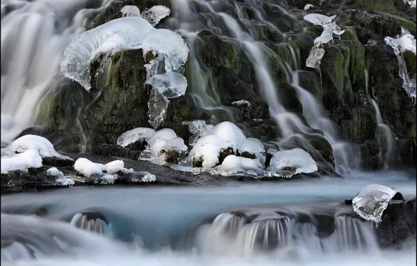 Картинка водопад, лёд, frozen, Iceland, Haukadalur