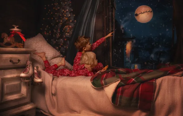 Картинка ночь, дети, комната, кровать, окно, Рождество, тумбочка, Lisowska Monika